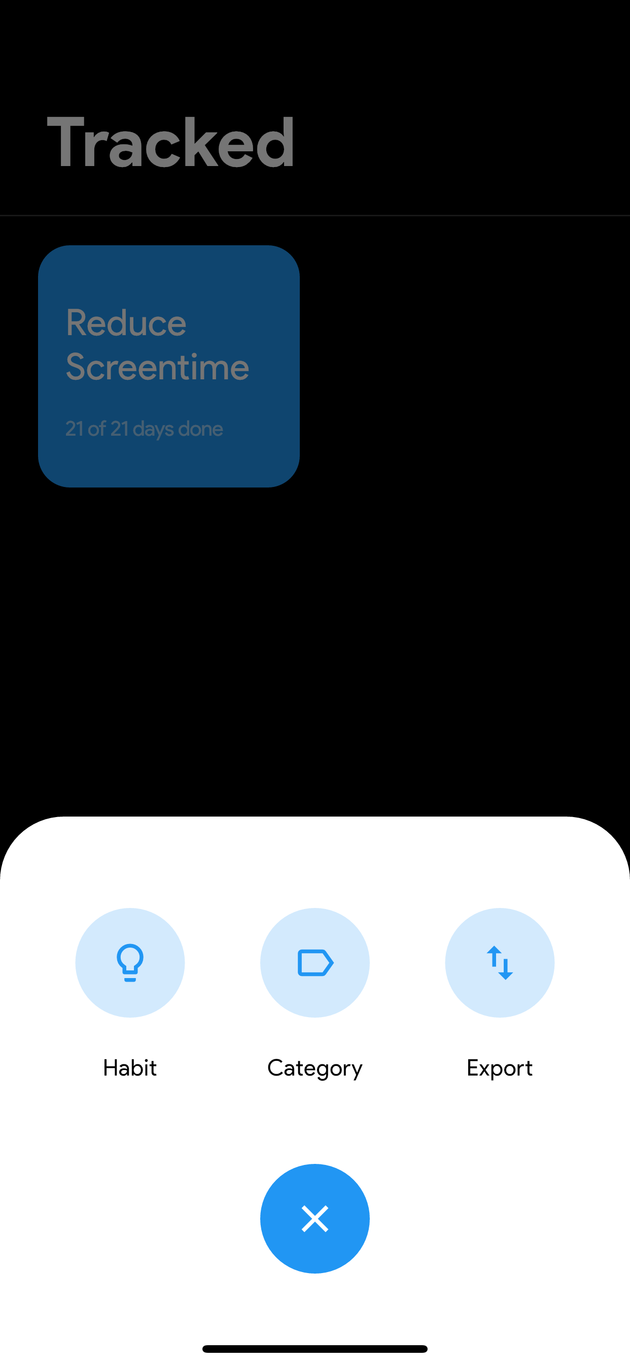 Adding a habit, a category, or exporting