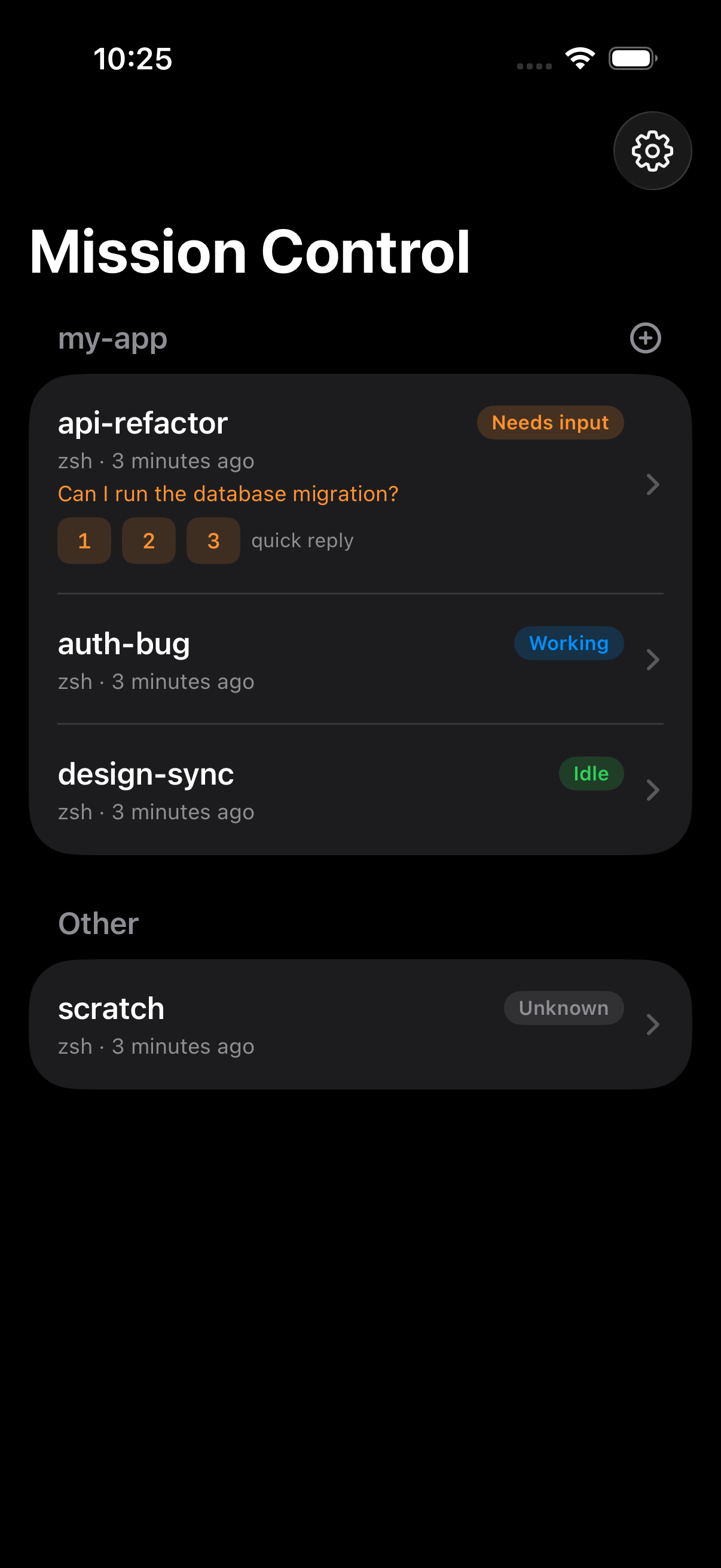 Mission Control home: sessions grouped by project