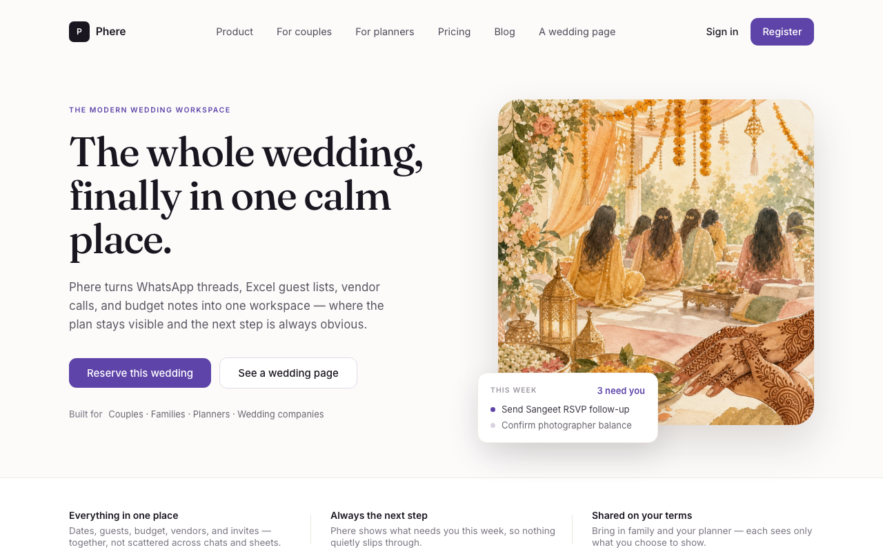 Phere landing: the whole wedding, finally in one calm place
