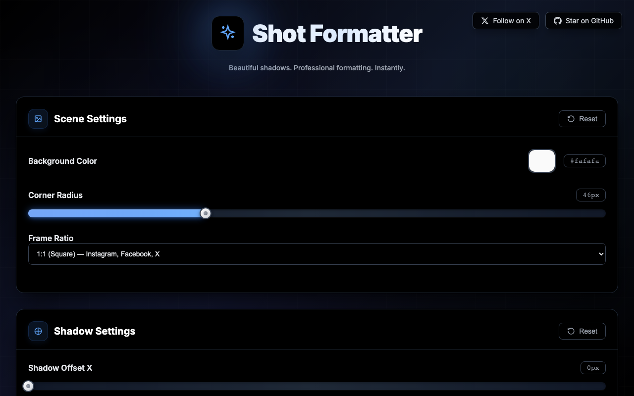 Shot Formatter: scene and shadow settings in the browser
