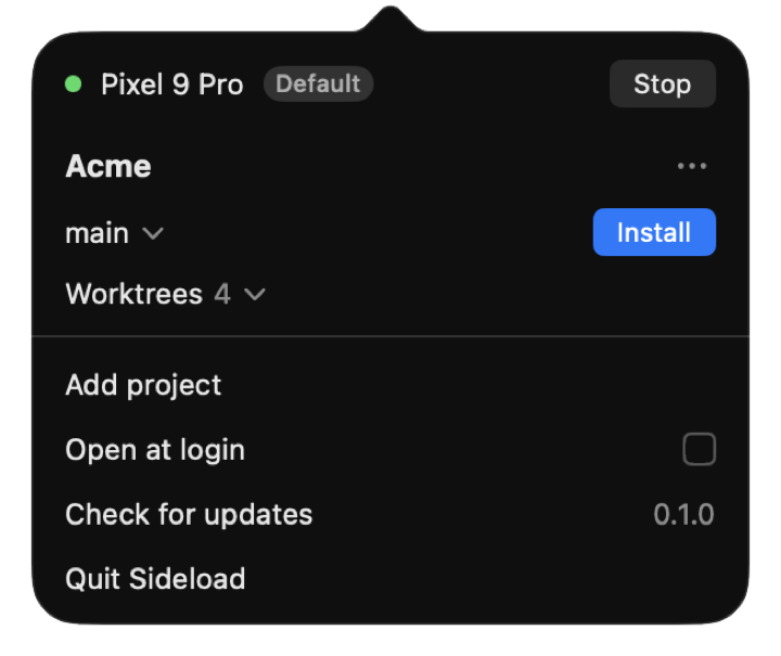 Sideload menu bar, Pixel 9 Pro connected