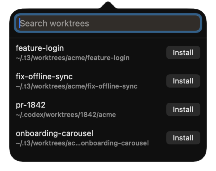 Searching local git worktrees to install from